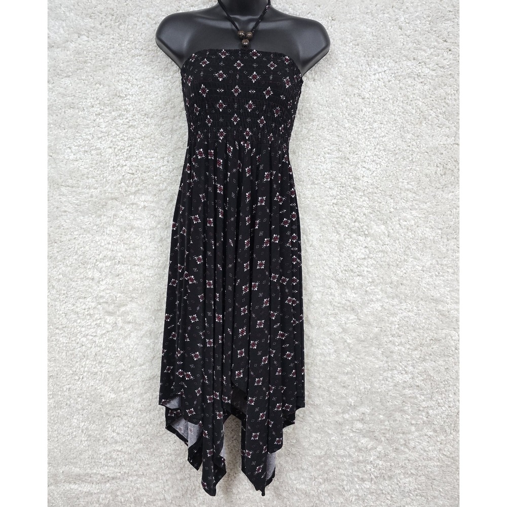 Candy Couture Womens Smocked Boho Dress‎ Size S Black Handkerchief Hem Festival